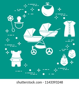 Goods for babies. Stroller for twins, faces boy, girl, rattle, pacifier, bib, overalls.
