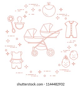 Goods for babies. Stroller for twins, faces boy, girl, rattle, pacifier, bib, overalls.