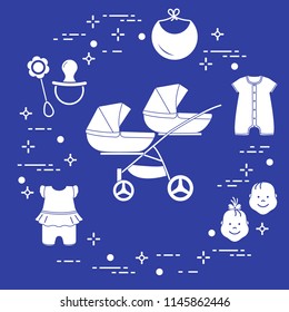 Goods for babies. Stroller for twins, faces boy, girl, rattle, pacifier, bib, overalls.