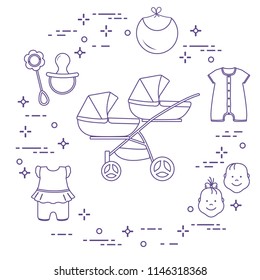 Goods for babies. Stroller for twins, faces boy, girl, rattle, pacifier, bib, overalls.