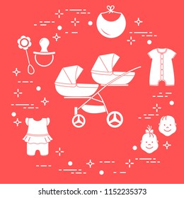 Goods for babies. Stroller for twins, faces boy, girl, rattle, pacifier, bib, overalls.