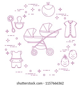 Goods for babies. Stroller for twins, faces boy, girl, rattle, pacifier, bib, overalls.
