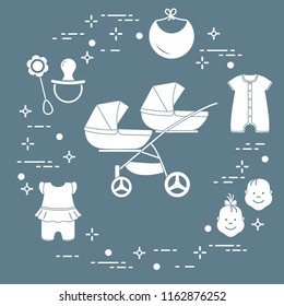 Goods for babies. Stroller for twins, faces boy, girl, rattle, pacifier, bib, overalls.