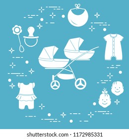 Goods for babies. Stroller for twins, faces boy, girl, rattle, pacifier, bib, overalls.