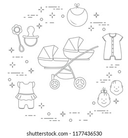 Goods for babies. Stroller for twins, faces boy, girl, rattle, pacifier, bib, overalls.