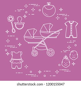 Goods for babies. Stroller for twins, faces boy, girl, rattle, pacifier, bib, overalls.