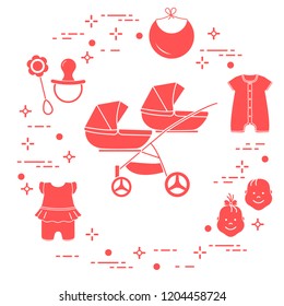 Goods for babies. Stroller for twins, faces boy, girl, rattle, pacifier, bib, overalls.