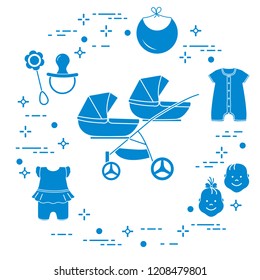 Goods for babies. Stroller for twins, faces boy, girl, rattle, pacifier, bib, overalls.