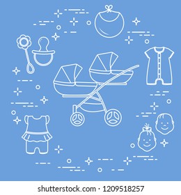 Goods for babies. Stroller for twins, faces boy, girl, rattle, pacifier, bib, overalls.