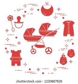 Goods for babies. Stroller for twins, faces boy, girl, rattle, pacifier, bib, overalls.