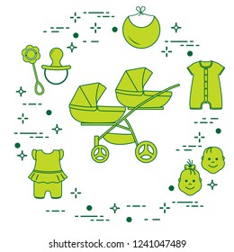 Goods for babies. Stroller for twins, faces boy, girl, rattle, pacifier, bib, overalls.