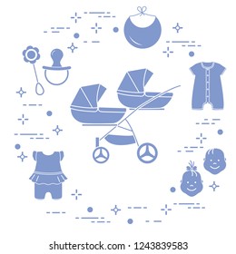 Goods for babies. Stroller for twins, faces boy, girl, rattle, pacifier, bib, overalls.