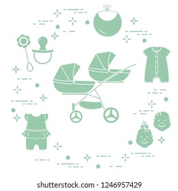 Goods for babies. Stroller for twins, faces boy, girl, rattle, pacifier, bib, overalls.