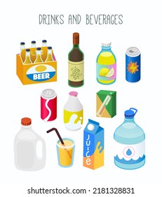 Goods from beverages department of a grocery store or online  marketplace. Isolated vector illustration with group of cans bottles cartons and glasses. 