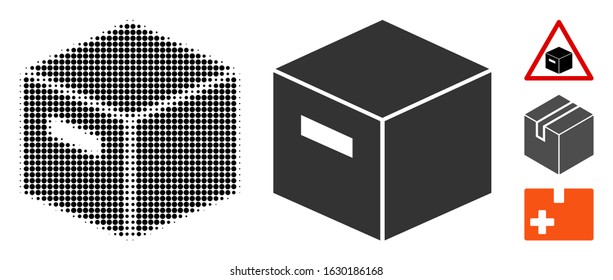 Goods box halftone vector icon and solid version. Illustration style is dotted iconic Goods box icon symbol on a white background. Halftone texture is circle blots. Some bonus icons.