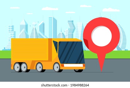 Entrega de mercancías y carga al servicio de punto deseado. Un camión semirremolque amarillo logístico en la ciudad moderna y geoetiqueta localizada en la carretera. Concepto de soporte de aplicación de monitoreo de transporte comercial