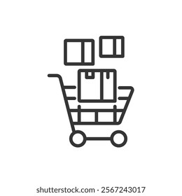 Goods in a cart, icon in line design. Goods, cart, shopping, products, trolley, retail, commerce on white background vector. Goods in a cart editable stroke icon