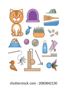Goods for cats. A set of objects for design. Multi-colored image. Close-up. Vector illustration.