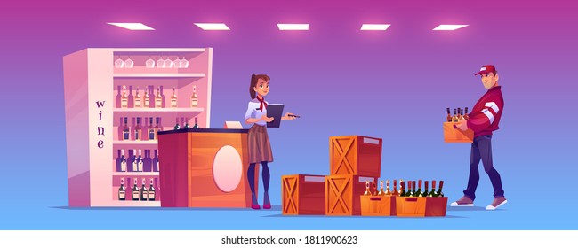 Goods delivery, distribution cartoon banner. Woman customer, owner of alcohol store signing documents to confirm receiving of freight order from provider or logistics company, vector web banner