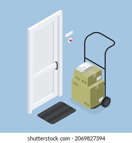 Goods delivery to door service isometric vector illustration. Dolly cardboard package post order shipment. Contactless shipping to home. Logistic distribution retail purchase for customer house