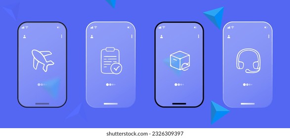 Goods Delivery Icon. Aircraft, box, air freight, headphones, list, confirmed cargo. Glassmorphism style. Ui phone app