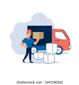 Goods delivery. Illustration with a courier or loader, boxes, and truck. The concept of delivery of online orders.
