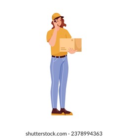 Goods Delivery with Man Carrier or Courier in Cap Working Carry Cardboard Box Vector Illustration