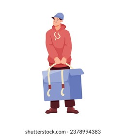 Goods Delivery with Man Carrier or Courier in Cap Working Carry Bag Vector Illustration