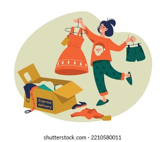 Entrega de mercaderías. Compras en línea. La niña recibió un paquete con nuevos trajes. Una mujer lleva en sus manos un vestido nuevo y pantalones cortos nuevos. Imagen vectorial.