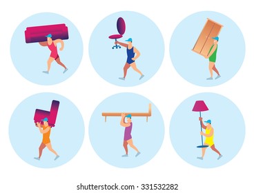 Goods delivery service. Cartoon delivery man character with delivery goods.