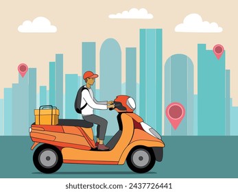 Goods delivery service. Fast delivery by scooter in the city. Vector illustration.