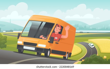 Goods delivery service. Happy courier rides on a van. Vector illustration for websites and applications of marketplaces and transport companies