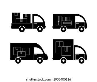 Goods delivery. Silhouette. Set of different delivery service trucks. Design element. Vector image.