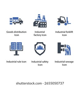 Distribuição de mercadorias, Fábrica, Empilhadeira, Segurança industrial, Regra industrial, Esgoto industrial, ícone
