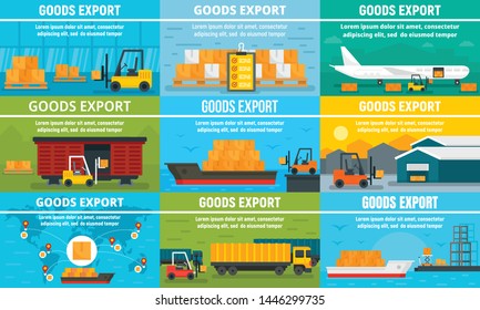 Goods export banner set. Flat illustration of goods export vector banner set for web design