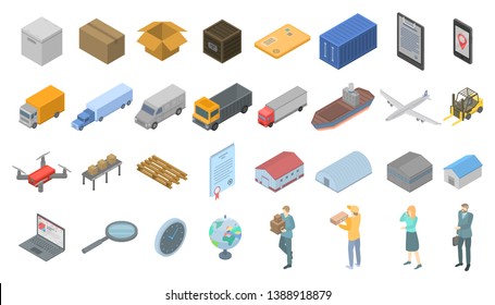 Goods export icons set. Isometric set of goods export vector icons for web design isolated on white background