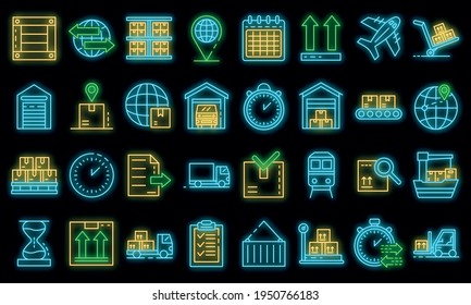 Juego de iconos de exportación de mercancías. Conjunto de esquemas de mercancías exportación iconos vectoriales color de neón sobre negro