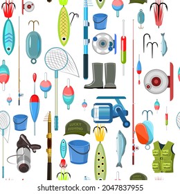 Goods for fishing. Equipment and accessories for recreation and hunting on reservoirs. Sale of fishing rods and clothing. Seamless pattern. Illustration vector