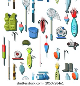 Goods for fishing. Equipment and accessories for recreation and hunting on reservoirs. Sale of fishing rods and clothing. Seamless pattern. Illustration vector