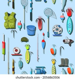 Goods for fishing. Equipment and accessories for recreation and hunting on reservoirs. Isolated on white background. Sale of fishing rods and clothing. Thematic blue background. Seamless pattern. Illu