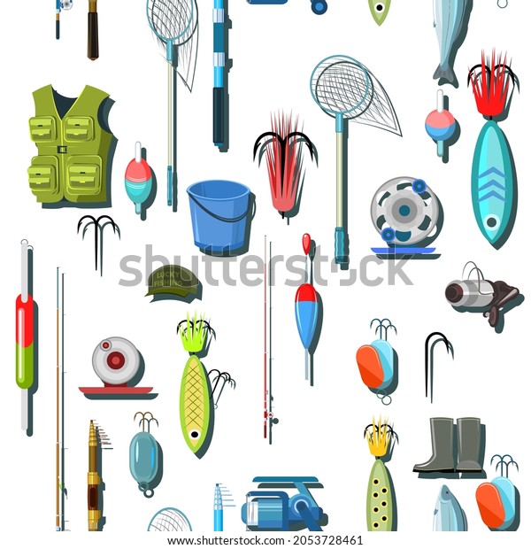 Goods for fishing. Equipment and\
accessories for recreation and hunting on reservoirs. Sale of\
fishing rods and clothing. Seamless pattern. Illustration\
vector