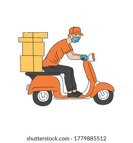 Goods and food delivery man at work during coronavirus pandemic, sketch vector illustration isolated on white background. Courier in protective mask on motor scooter.