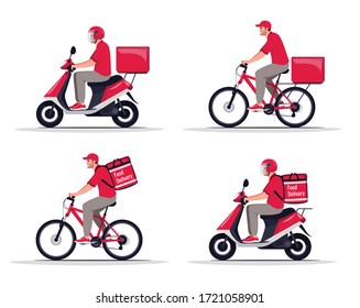Waren und Lebensmittel transportieren flache Vektorgrafiken Set. Kaukasischer Mann auf Motorrad. Weißer Lieferant mit Lebensmittelverpackung. Männlicher Fahrradkurier auf rotem, einheitlichem, einheitlichem Cartoon mit einem Charakterkit