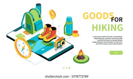 Goods for hiking - modern colorful isometric web banner with copy space for text. Vacation outdoors, adventure, backpacking idea. Hiking equipment, boots, camera, map, compass on smartphone screen