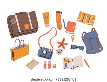 Goods illustration set for a comfortable trip Warm handwritten accessories