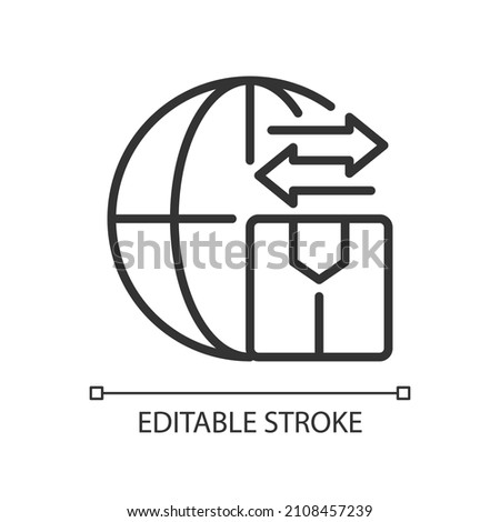 Goods import and export linear icon. Products transportation. Thin line customizable illustration. Contour symbol. Vector isolated outline drawing. Editable stroke. Pixel perfect. Arial font used