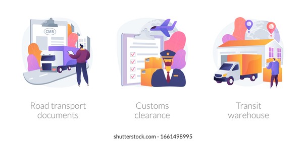 Goods Import Legal Permission Metaphors. Road Transport Document, Custom Clearance, Transit Warehouse. Product Export And Distribution Abstract Concept Vector Illustration Set.