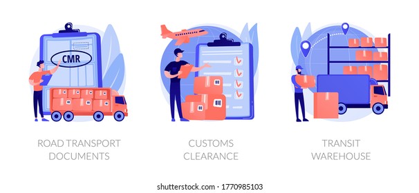 Goods import legal permission metaphors. Road transport document, custom clearance, transit warehouse. Product export and distribution abstract concept vector illustration set.