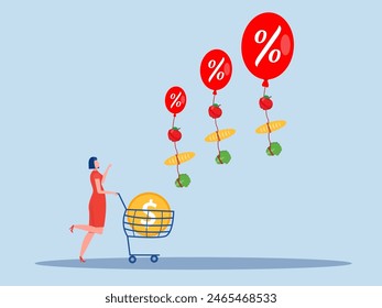 goods Inflation, women stress with Rising food price crisis,Prices of commodities and consumer goods rose due to rising inflation concept. vector illustration