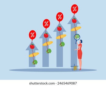 goods Inflation, women stress with Rising food price crisis,Prices of commodities and consumer goods rose due to rising inflation concept. vector illustration